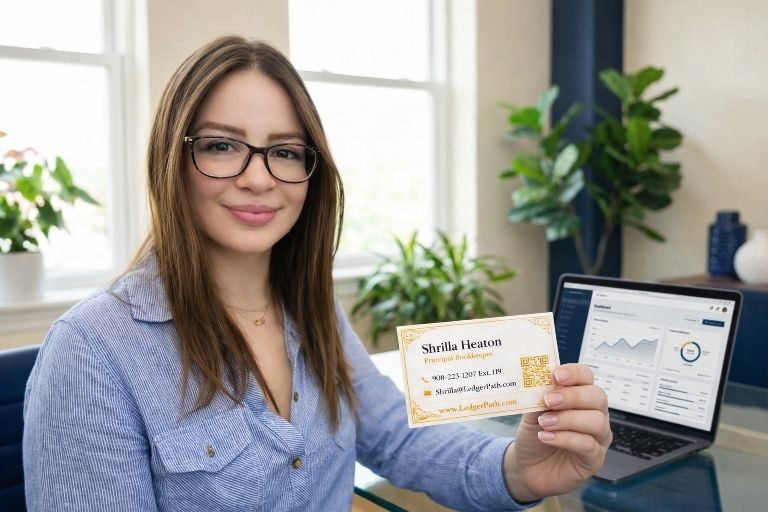 Smart Hub Bookkeeping business card with premium cream and gold branding